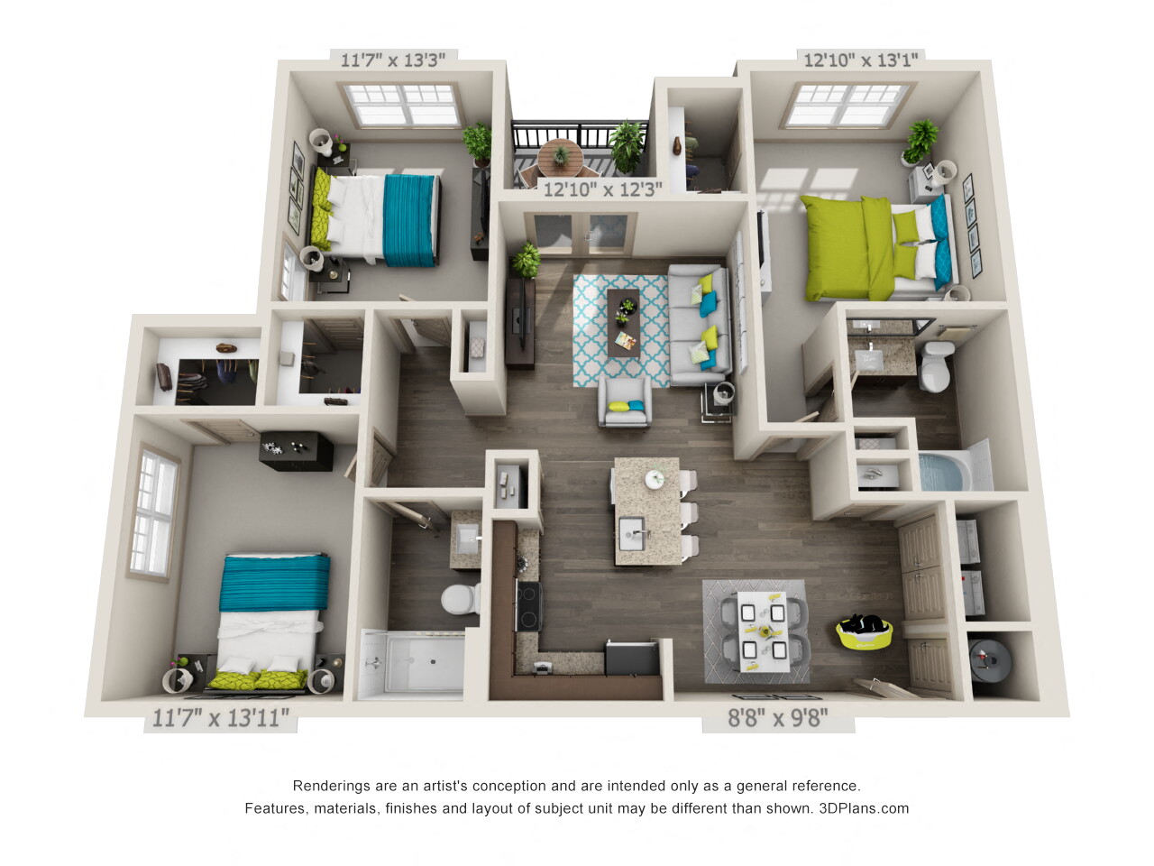 Floor plan for 3 beds, 2 baths, 1258 sqft